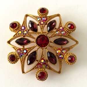 Vintage Robert Rose Red Rhinestone and AB Gold Tone Brooch Pin Back